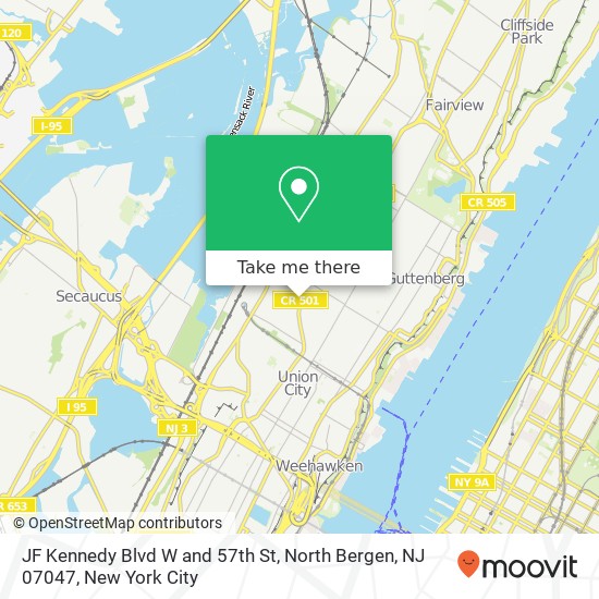Mapa de JF Kennedy Blvd W and 57th St, North Bergen, NJ 07047