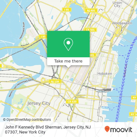 Mapa de John F Kennedy Blvd Sherman, Jersey City, NJ 07307