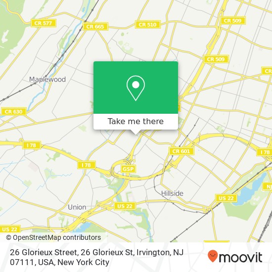 Mapa de 26 Glorieux Street, 26 Glorieux St, Irvington, NJ 07111, USA