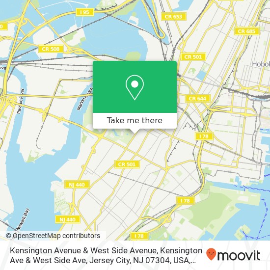 Kensington Avenue & West Side Avenue, Kensington Ave & West Side Ave, Jersey City, NJ 07304, USA map
