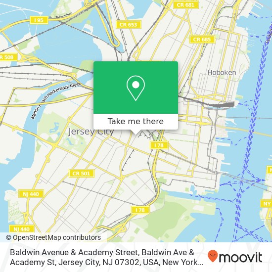 Mapa de Baldwin Avenue & Academy Street, Baldwin Ave & Academy St, Jersey City, NJ 07302, USA