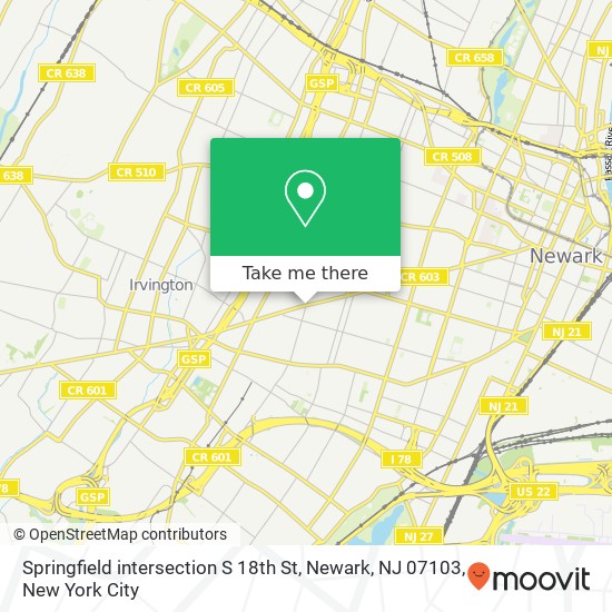 Mapa de Springfield intersection S 18th St, Newark, NJ 07103
