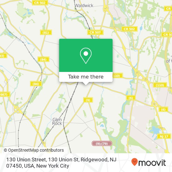 Mapa de 130 Union Street, 130 Union St, Ridgewood, NJ 07450, USA