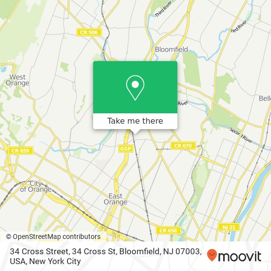 Mapa de 34 Cross Street, 34 Cross St, Bloomfield, NJ 07003, USA