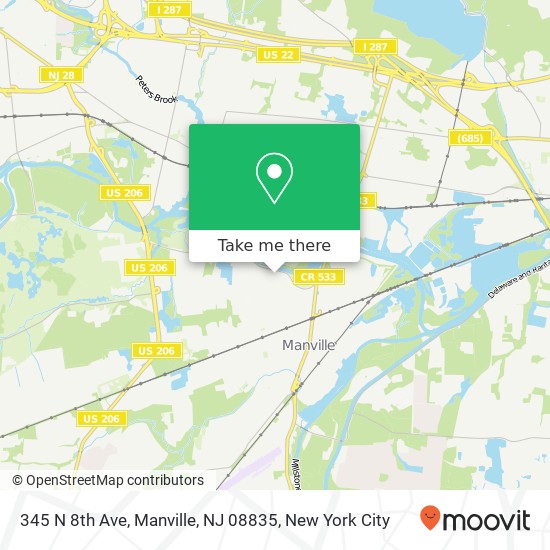 Mapa de 345 N 8th Ave, Manville, NJ 08835