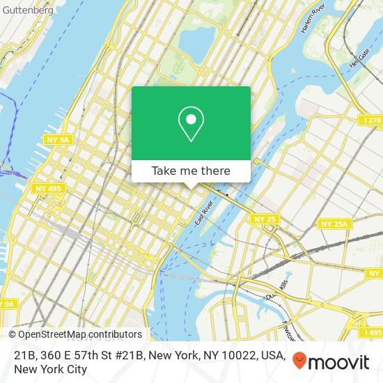 Mapa de 21B, 360 E 57th St #21B, New York, NY 10022, USA