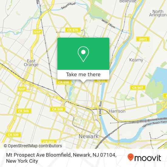Mapa de Mt Prospect Ave Bloomfield, Newark, NJ 07104