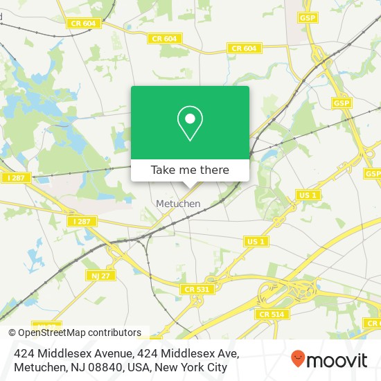 Mapa de 424 Middlesex Avenue, 424 Middlesex Ave, Metuchen, NJ 08840, USA