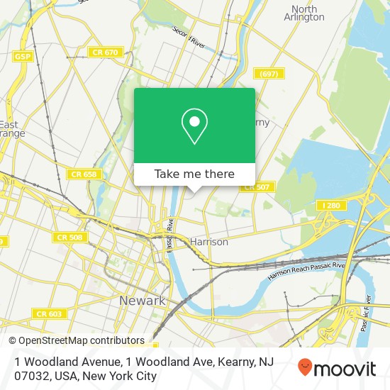 Mapa de 1 Woodland Avenue, 1 Woodland Ave, Kearny, NJ 07032, USA