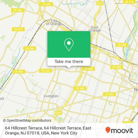 Mapa de 64 Hillcrest Terrace, 64 Hillcrest Terrace, East Orange, NJ 07018, USA