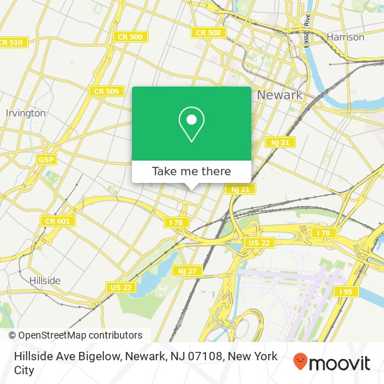 Mapa de Hillside Ave Bigelow, Newark, NJ 07108