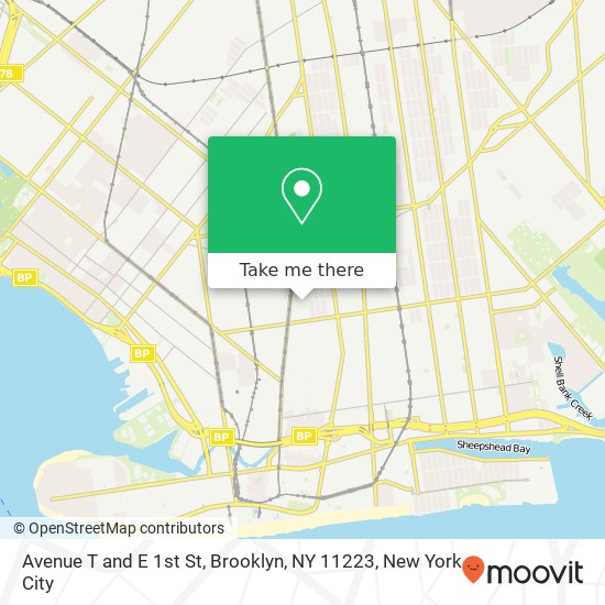 Mapa de Avenue T and E 1st St, Brooklyn, NY 11223