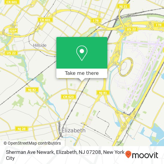 Mapa de Sherman Ave Newark, Elizabeth, NJ 07208