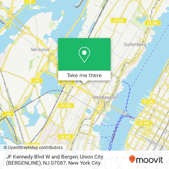 Mapa de JF Kennedy Blvd W and Bergen, Union City (BERGENLINE), NJ 07087