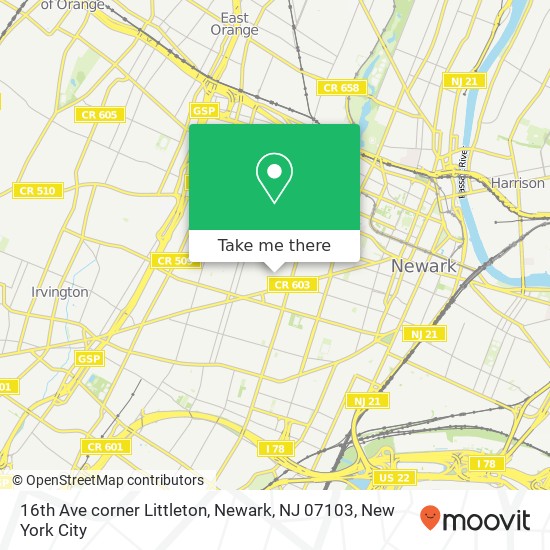 Mapa de 16th Ave corner Littleton, Newark, NJ 07103