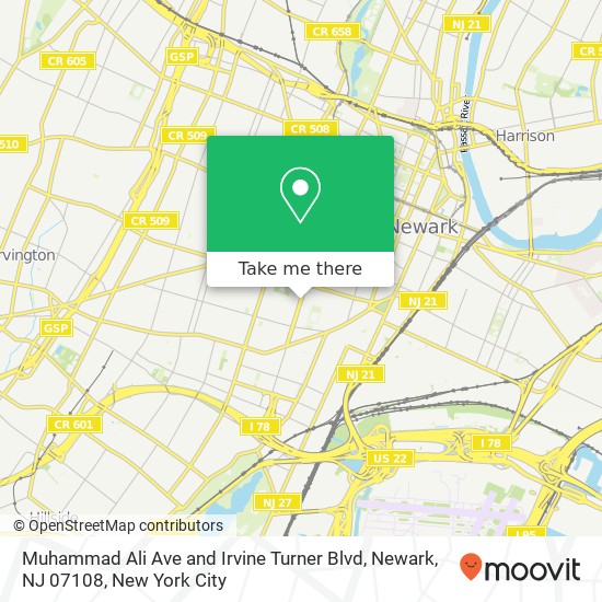 Mapa de Muhammad Ali Ave and Irvine Turner Blvd, Newark, NJ 07108