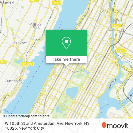 Mapa de W 105th St and Amsterdam Ave, New York, NY 10025