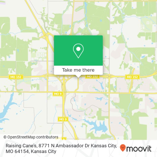 Mapa de Raising Cane's, 8771 N Ambassador Dr Kansas City, MO 64154