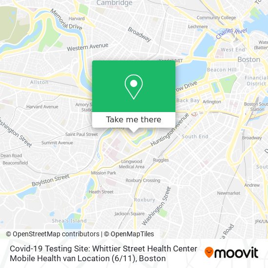 Mapa de Covid-19 Testing Site: Whittier Street Health Center Mobile Health van Location (6 / 11)