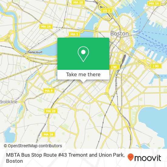 Mapa de MBTA Bus Stop Route #43 Tremont and Union Park