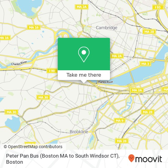 Mapa de Peter Pan Bus (Boston MA to South Windsor CT)