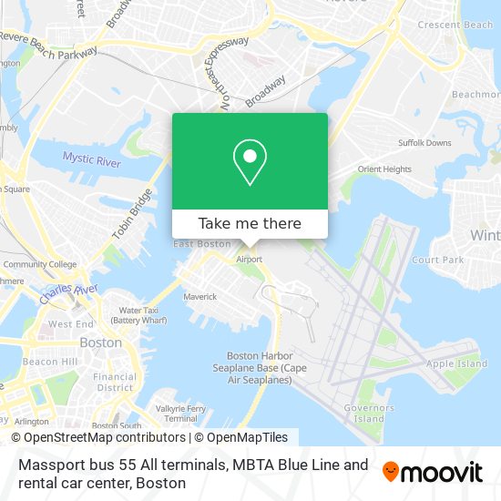 Mapa de Massport bus 55 All terminals, MBTA Blue Line and rental car center