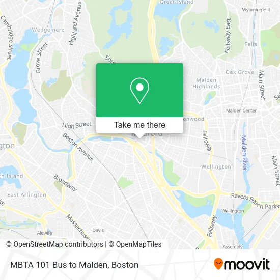 MBTA 101 Bus to Malden map