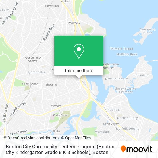 Mapa de Boston City Community Centers Program (Boston City Kindergarten Grade 8 K 8 Schools)