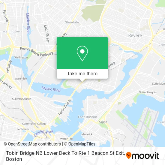Tobin Bridge NB Lower Deck To Rte 1 Beacon St Exit map