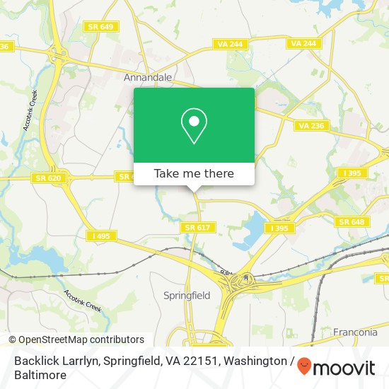 Mapa de Backlick Larrlyn, Springfield, VA 22151