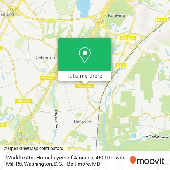 Worldtrotter Homebuyers of America, 4600 Powder Mill Rd map