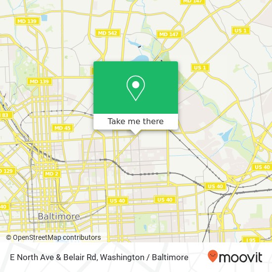 Mapa de E North Ave & Belair Rd, Baltimore, MD 21213