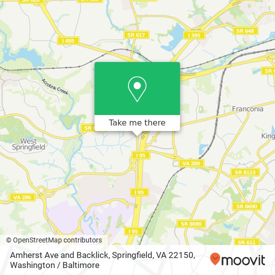 Mapa de Amherst Ave and Backlick, Springfield, VA 22150