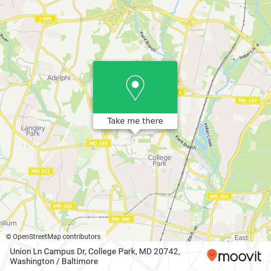 Mapa de Union Ln Campus Dr, College Park, MD 20742