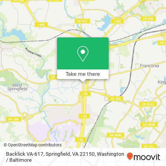 Mapa de Backlick VA-617, Springfield, VA 22150