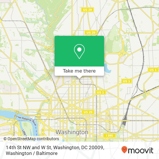 Mapa de 14th St NW and W St, Washington, DC 20009