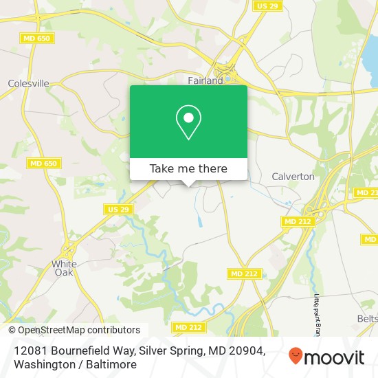 Mapa de 12081 Bournefield Way, Silver Spring, MD 20904