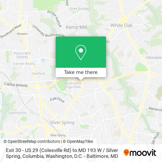 Exit 30 - US 29 (Colesville Rd) to MD 193 W / Silver Spring, Columbia map