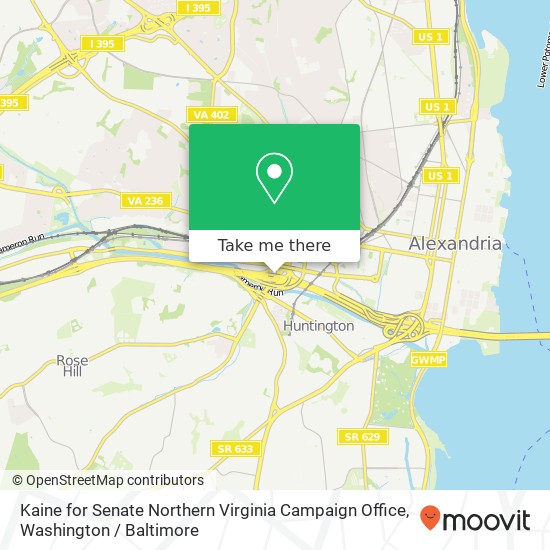Kaine for Senate Northern Virginia Campaign Office map