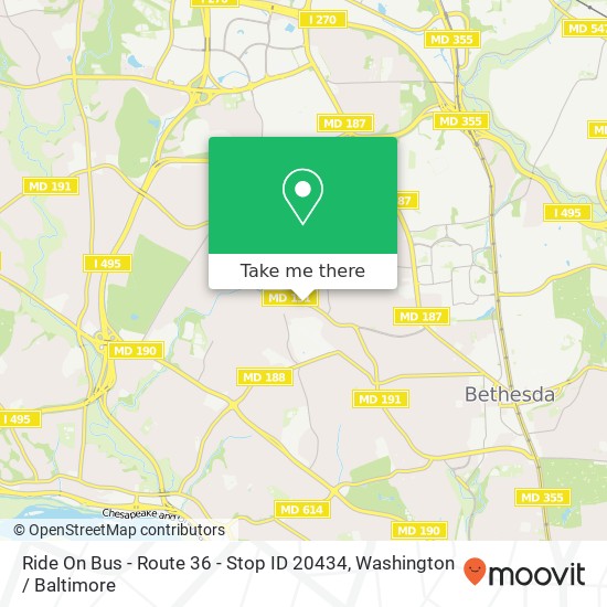 Mapa de Ride On Bus - Route 36 - Stop ID 20434