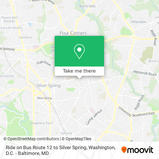 Mapa de Ride on Bus Route 12 to Silver Spring