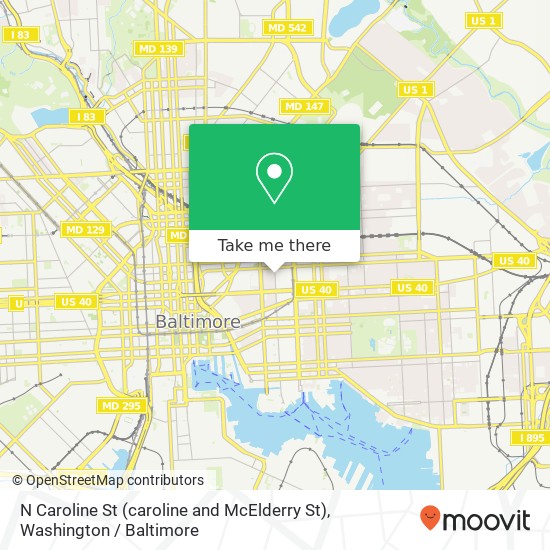 Mapa de N Caroline St (caroline and McElderry St), Baltimore (EAST END), MD 21205