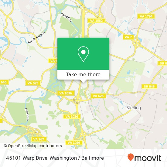 Mapa de 45101 Warp Drive, 45101 Warp Drive, Sterling, VA 20166, USA