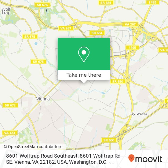 Mapa de 8601 Wolftrap Road Southeast, 8601 Wolftrap Rd SE, Vienna, VA 22182, USA