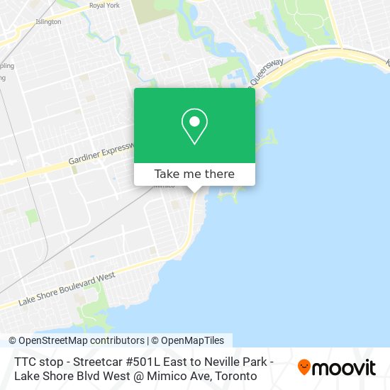 TTC stop - Streetcar #501L East to Neville Park - Lake Shore Blvd West @ Mimico Ave map