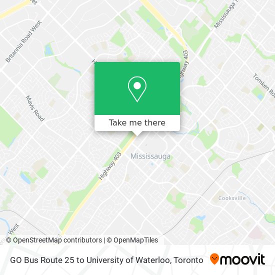 GO Bus Route 25 to University of Waterloo map