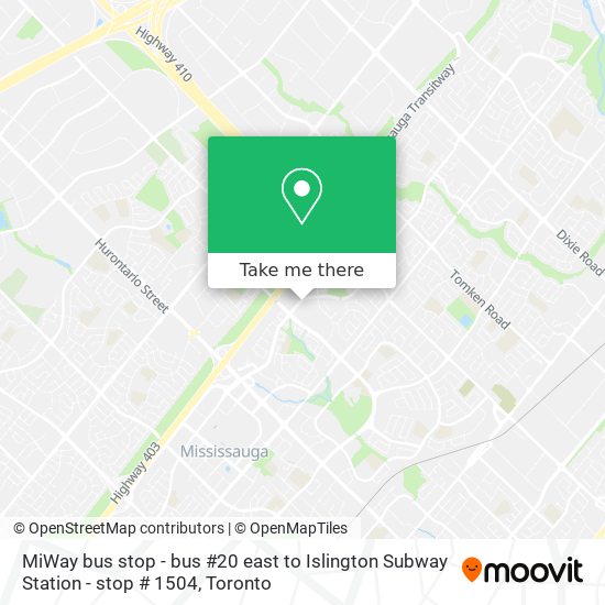 MiWay bus stop - bus #20 east to Islington Subway Station - stop # 1504 plan