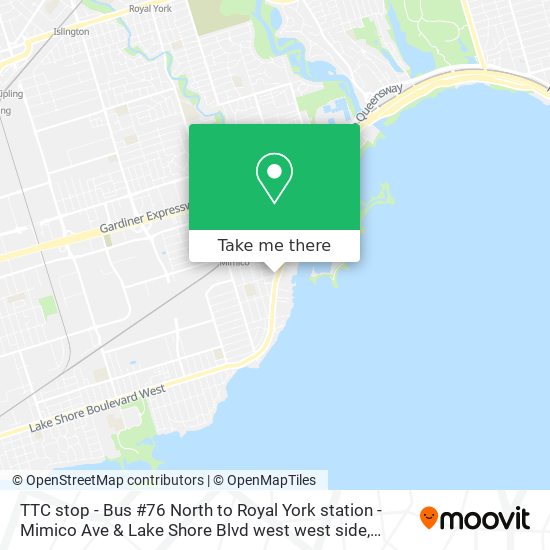 TTC stop - Bus #76 North to Royal York station - Mimico Ave & Lake Shore Blvd west west side map