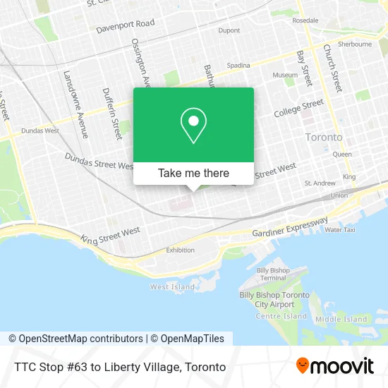 TTC Stop #63 to Liberty Village map