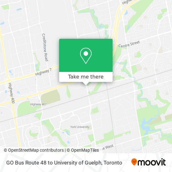 GO Bus Route 48 to University of Guelph map
